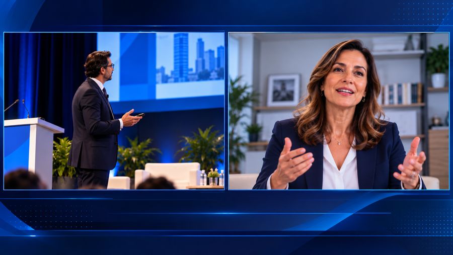 Palestrante no palco e participante online na mesma apresentação